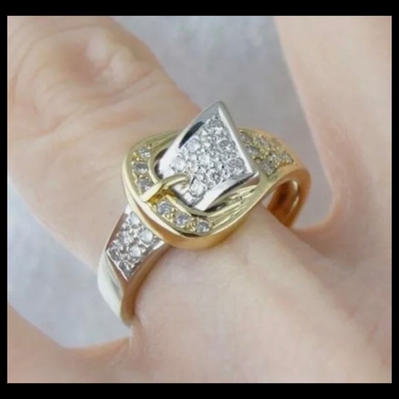 Stylish Two Tone Micro Paved Belt Buckle Band Ring - Picture 4 of 4